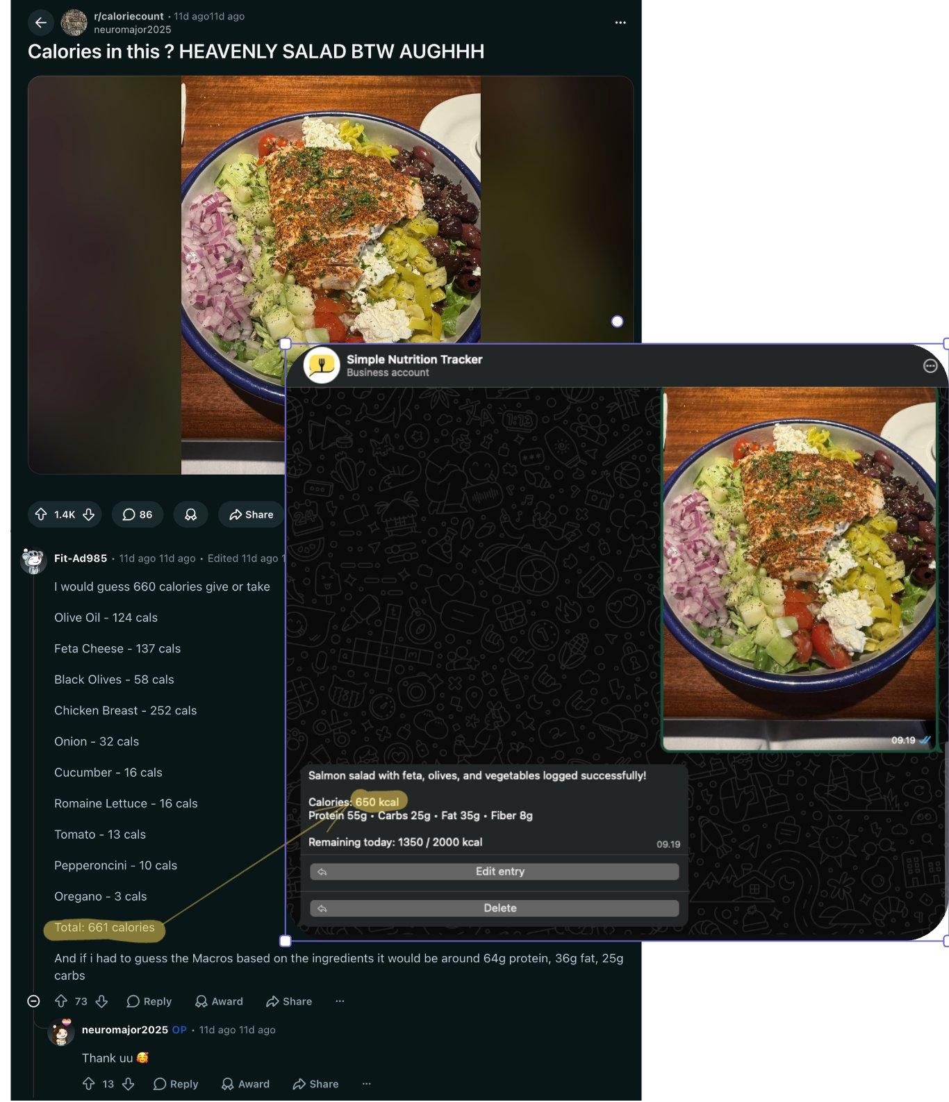 Side-by-side comparison of a Reddit calorie breakdown at 661 kcal and Simple Nutrition Tracker estimating 650 kcal for the same salad photo